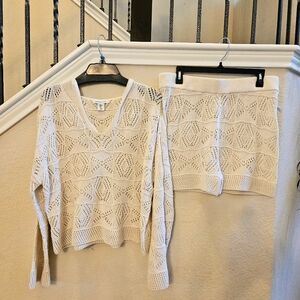 CUPCAKES AND CASHMERE Cream Crochet Knit Hoodie Short Set Loungewear Size L NWT